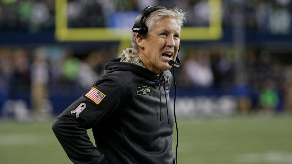 Seahawks Coach Pete Carroll looks on from the sideline during Seattle's win over Buffalo, 31-25, on Nov. 7.