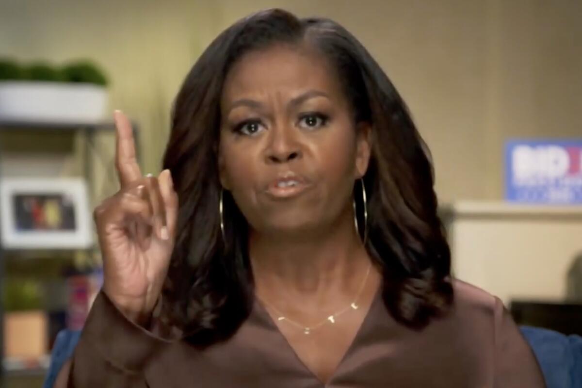 Former First Lady Michelle Obama addresses the Democrats' virtual convention on Monday.  