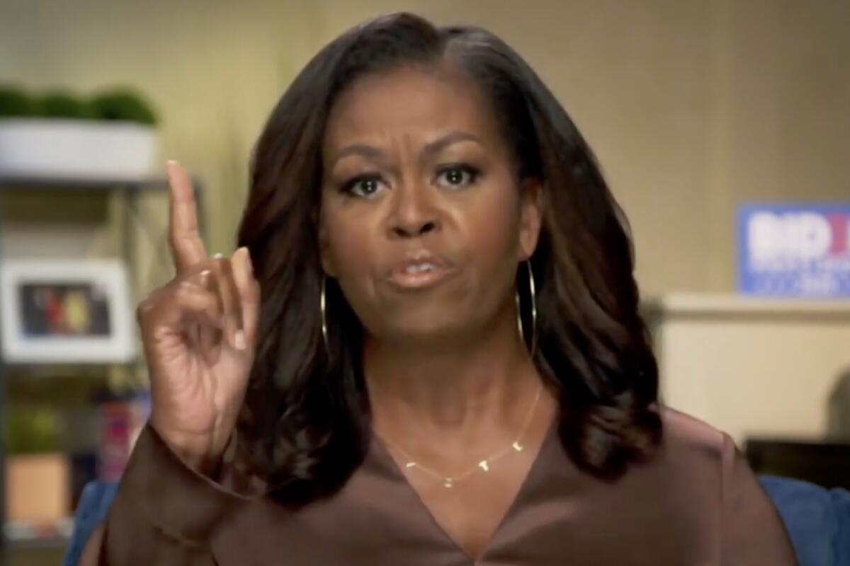 Former First Lady Michelle Obama addresses the Democrats' virtual convention on Monday.