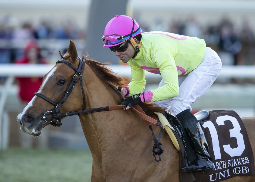 Uni and jockey Joel Rosario won the Grade I, $300,000 Matriarch Stakes last December. Del Mar officials are hoping Uni will return to defend her title in 2019 after winning the Breeders' Cup Mile.