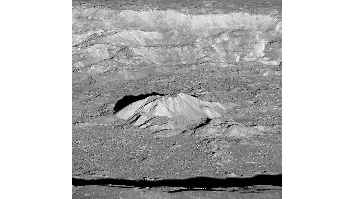 Oblique view of the moon's Tycho crater looking from east to west. (NASA/GSFC/Arizona State University)