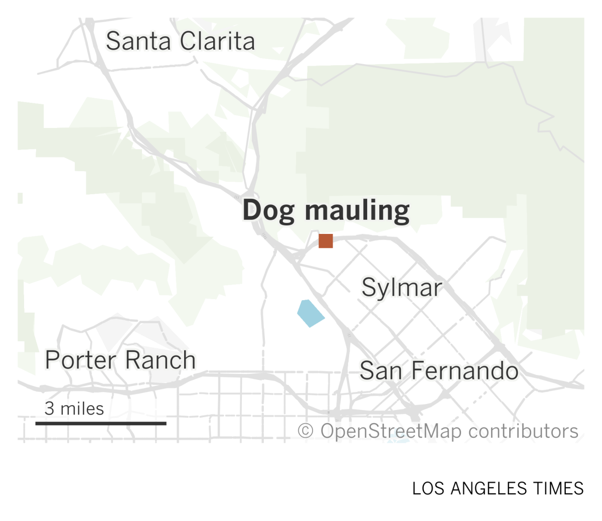 A map of the northern San Fernando Valley shows where a woman was mauled by dogs in Sylmar