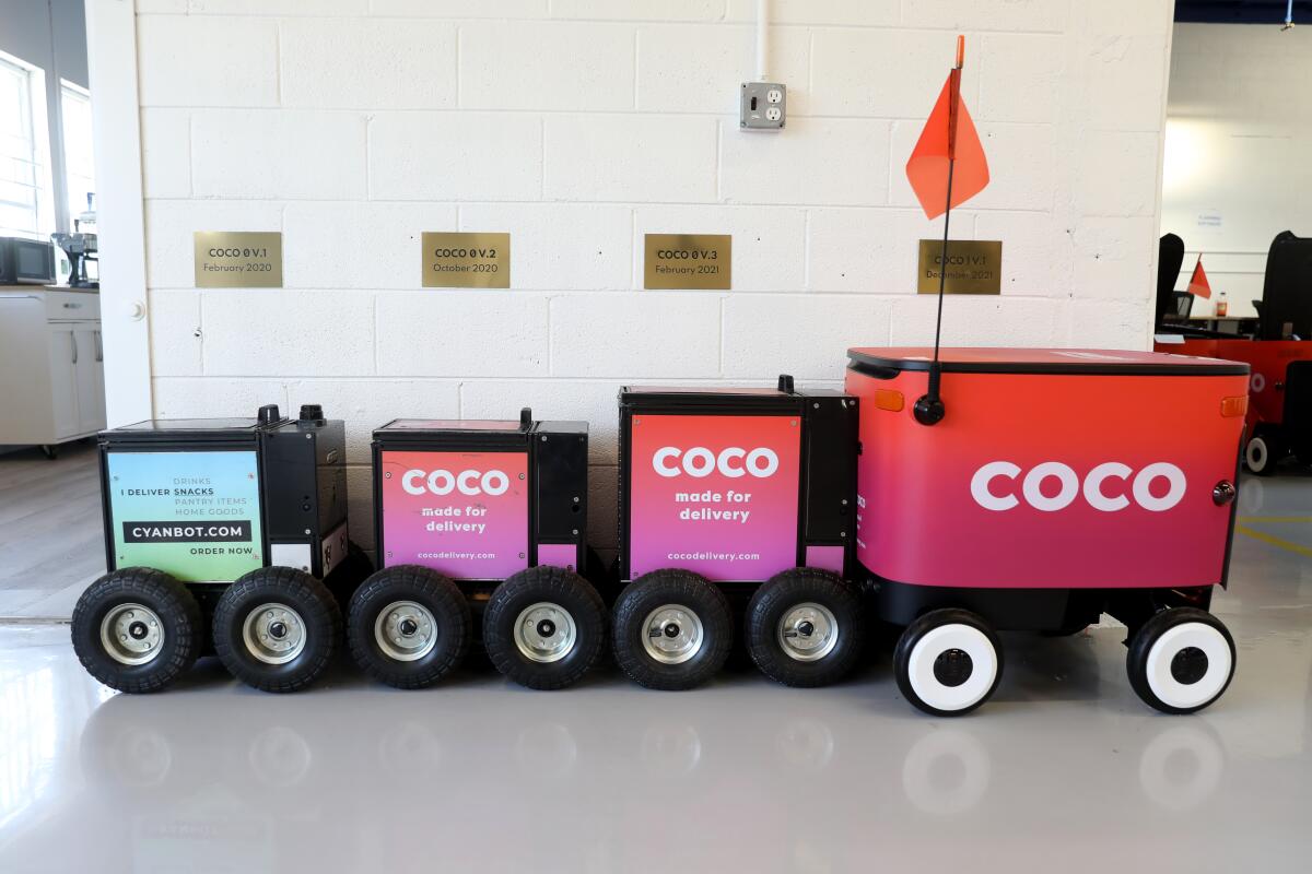 The evolution of Coco robots on display at  Coco's facility in Culver City