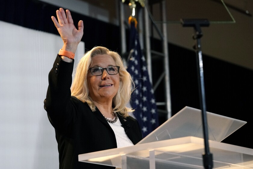 Rep. Liz Cheney, R-Wyo., vice chair of the House Select Committee investigating the Jan. 6 U.S. Capitol insurrection, delivers her "Time for Choosing" speech at the Ronald Reagan Presidential Library and Museum Wednesday, June 29, 2022, in Simi Valley, Calif. The speech is part of a series focusing on the conservative movement to address critical questions facing the future of the Republican Party. (AP Photo/Mark J. Terrill)