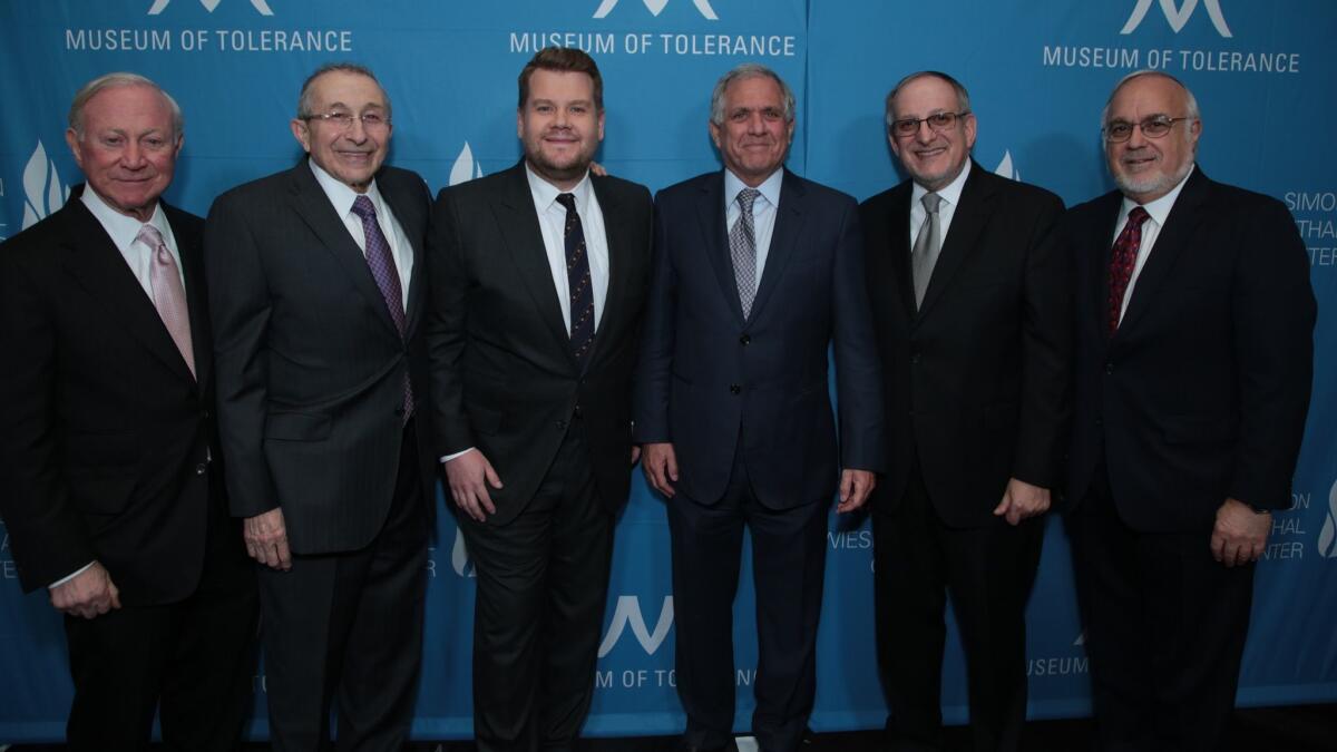 Larry Mizel, from left, Rabbi Marvin Hier, James Corden, Les Moonves, Rabbi Meyer H. May and Rabbi Abraham Cooper on the arrivals carpet at the 2018 National Tribute Dinner.