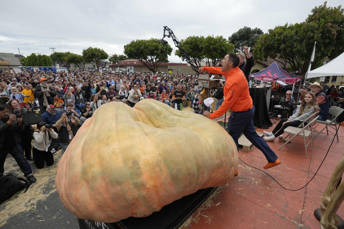 A person stands onstage with a giant pumpkin in front of a huge crowd outdoors.