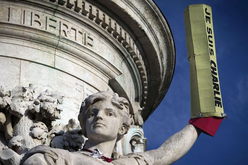 A giant pencil reading "Je suis Charlie" ("I am Charlie") adorns a statue in Paris' Place de la Republique. The killing of editorial staff members from the satirical magazine Charlie Hebdo has satirists around the globe discussing the nature of the art form.
