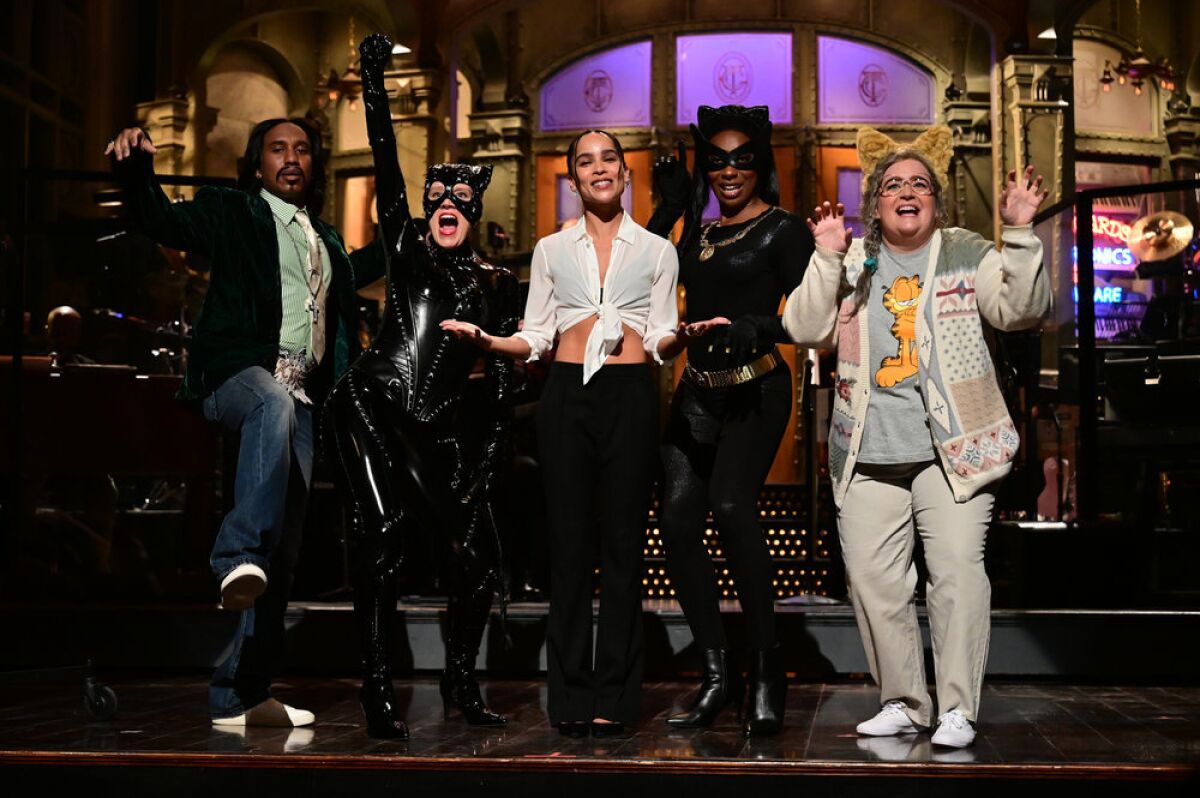 Five people in various cat and non-cat costumes posing on a stage