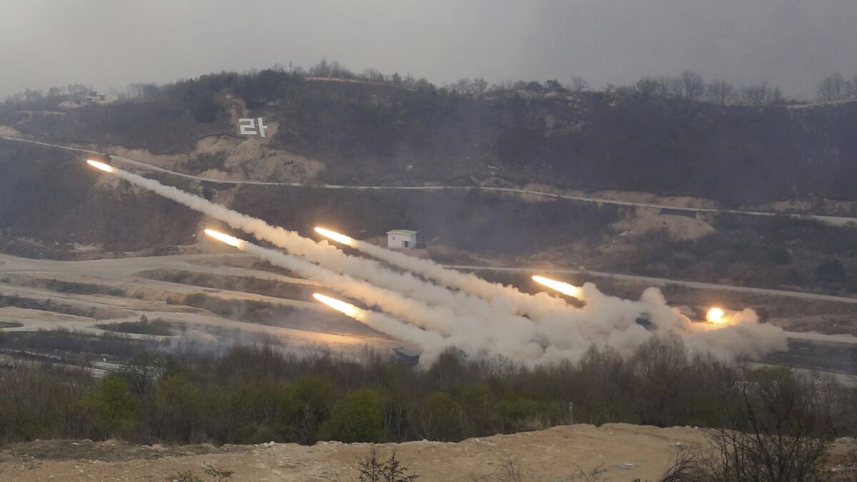 The South Korean army launches multiple rockets during joint South Korea-U.S. military drills at Seungjin Fire Training Field in Pocheon, South Korea, on April 26, 2017.