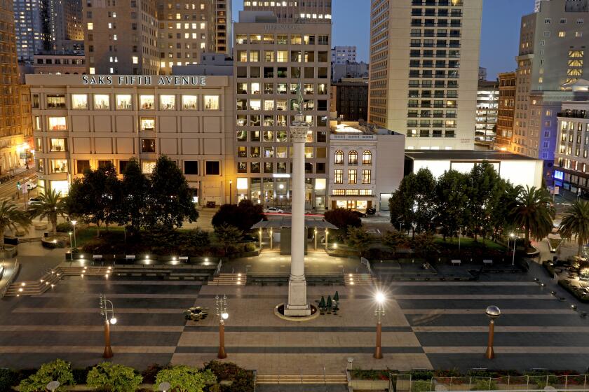 SAN FRANCISCO, CA - OCTOBER 13: Union Square is a 2.6-acre public plaza bordered by Geary, Powell, Post and Stockton Streets in downtown on Wednesday, Oct. 13, 2021 in San Francisco, CA. (Gary Coronado / Los Angeles Times)