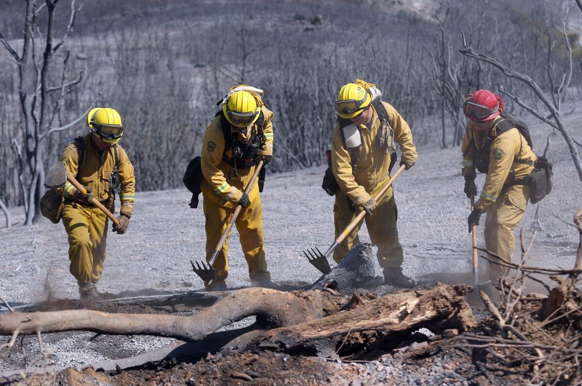 Marin County firefighters put out hot spots earlier this week in the Morgan fire in the Bay Area.