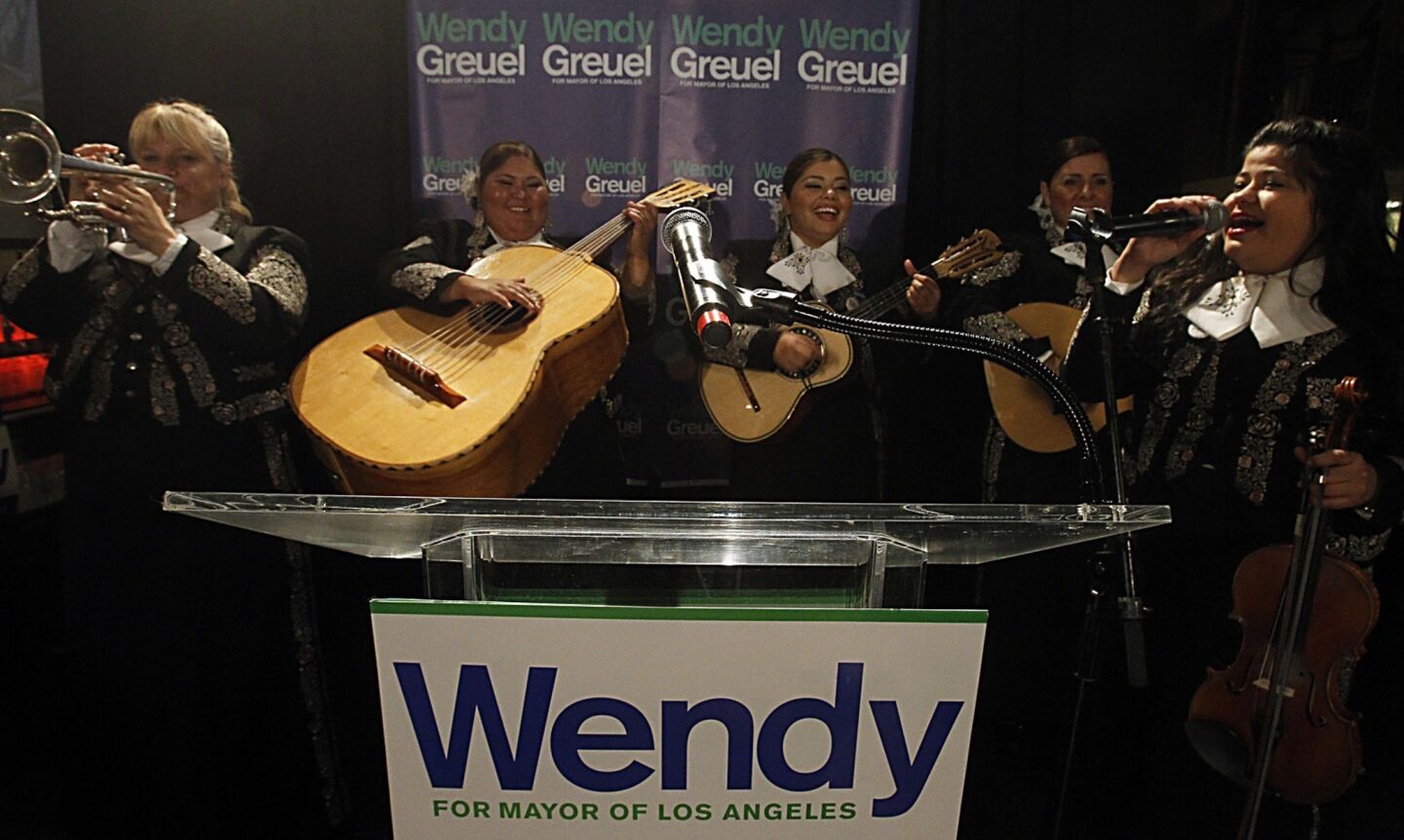 Mariachi musicians perform during an election-night gathering for mayoral candidate Wendy Greuel in downtown Los Angeles.