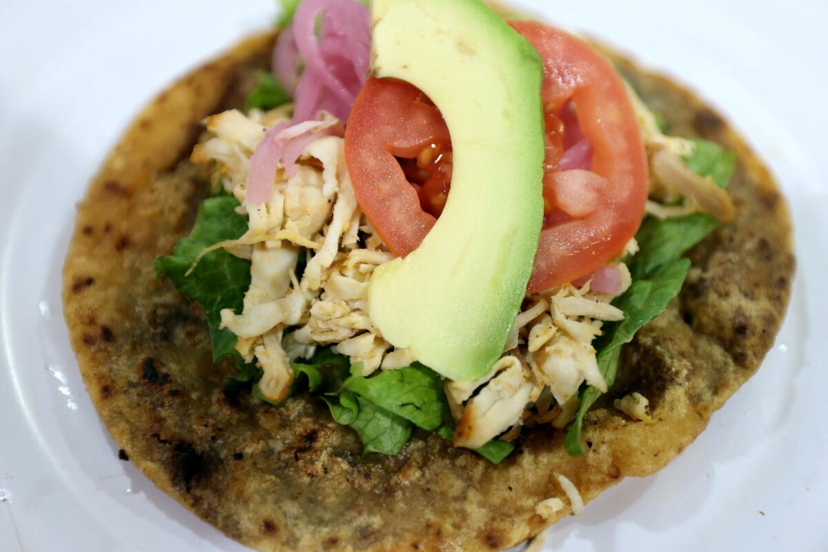 Crispy fried corn tortilla, with black bean puree, lettuce, shredded turkey, pickled red onions, and a slice of avocado