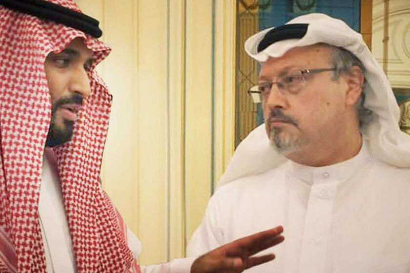 Saudi prince Mohammed bin Salman, left, and journalist Jamal Khashoggi in the documentary "The Dissident."
