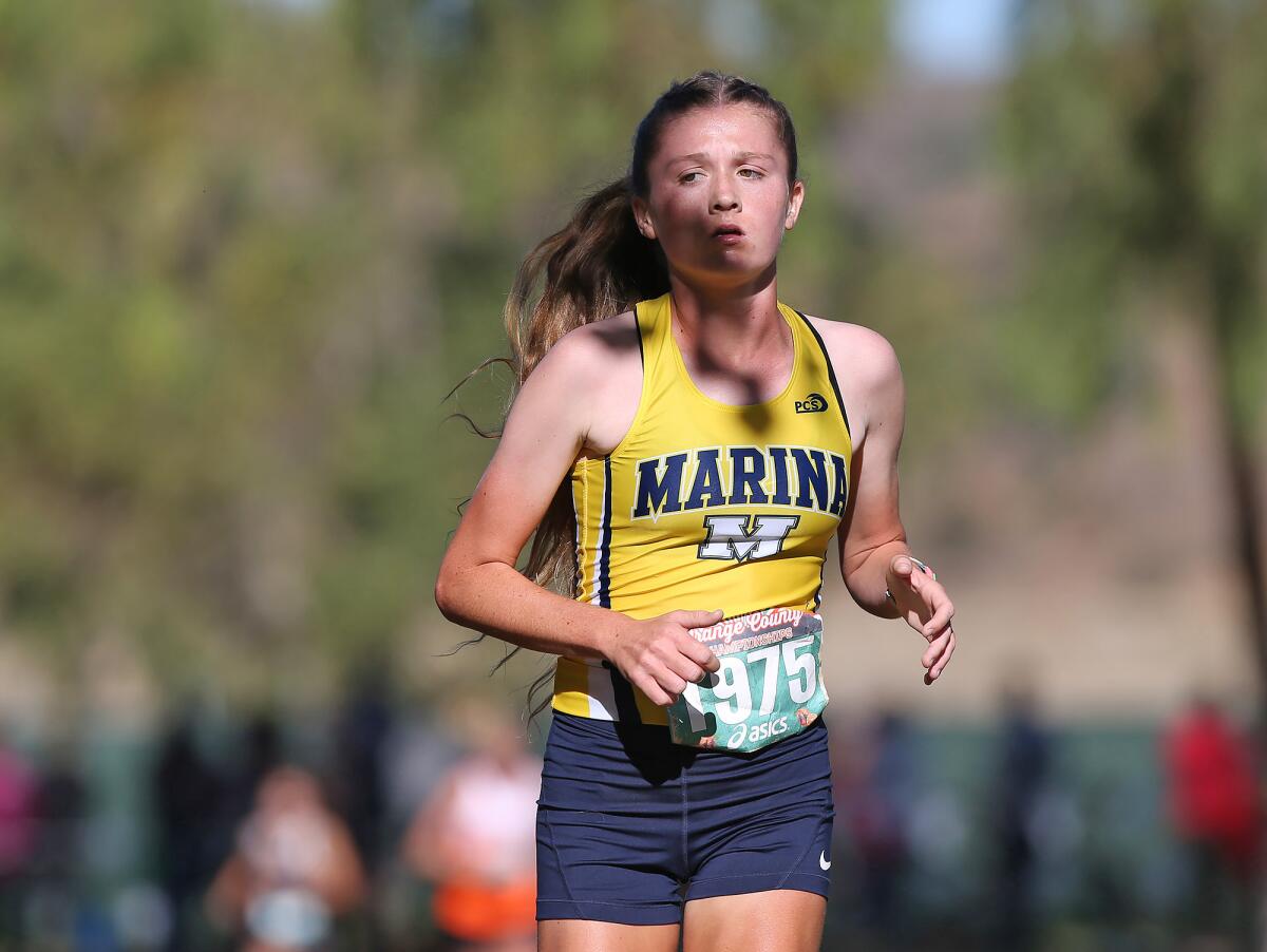 Marina's Marikay Schwab runs in the Orange County Championships Division 2 race at Oak Canyon Park in Silverado on Oct. 19.