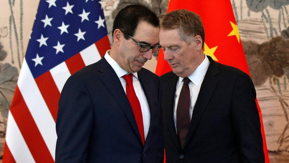 U.S. Treasury Secretary Steven Mnuchin, left, and U.S. Trade Representative Robert Lighthizer in Beijing on May 1 after meeting with Chinese Vice Premier Liu He.