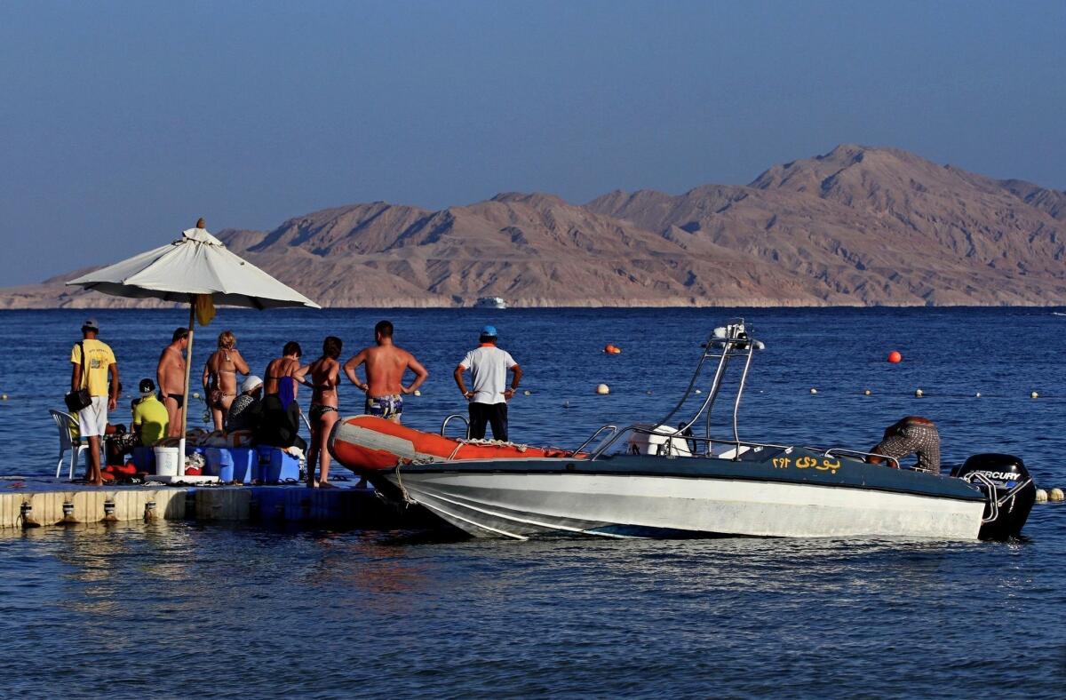 Tourists at the Egyptian Red Sea resort of Sharm el-Sheikh prepare to board a boat for Tiran island in the Strait of Tiran in 2015.