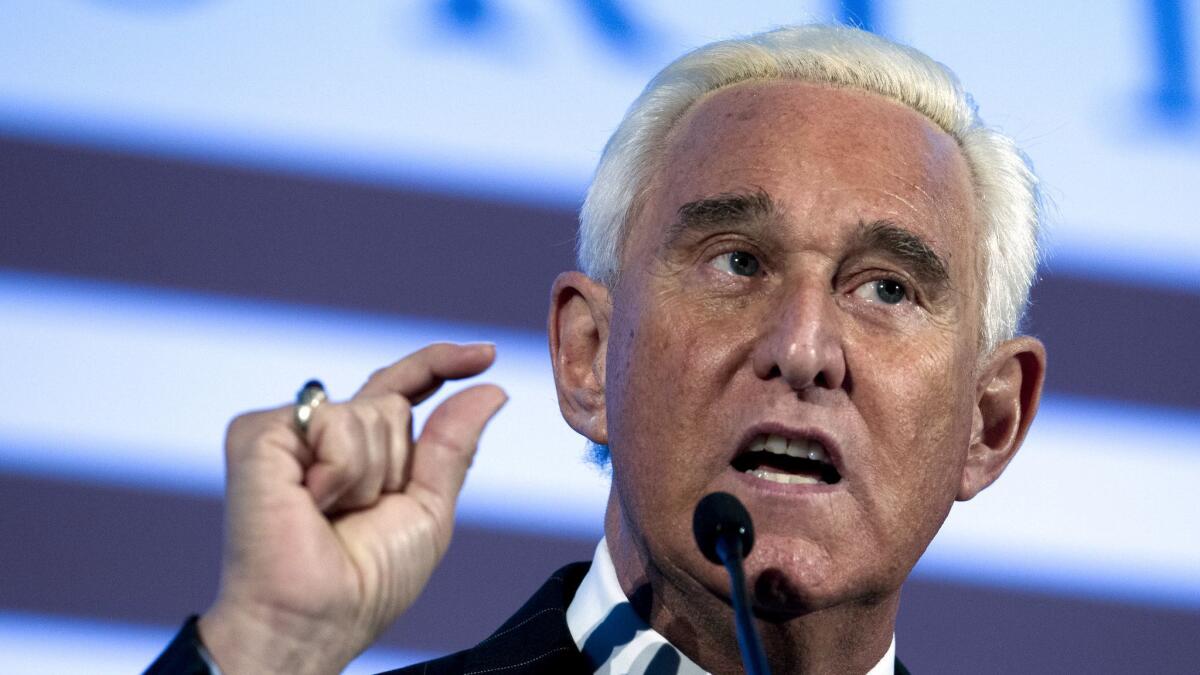 Roger Stone, shown speaking at the American Priority Conference in Washington on Dec. 6, was arrested Friday after being indicted on charges of lying to Congress.