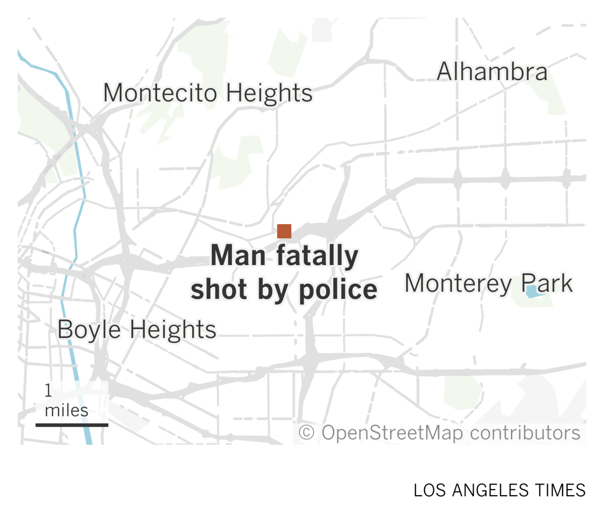 A map of the eastside of Los Angeles shows where a man was fatally shot by police near Cal State L.A.