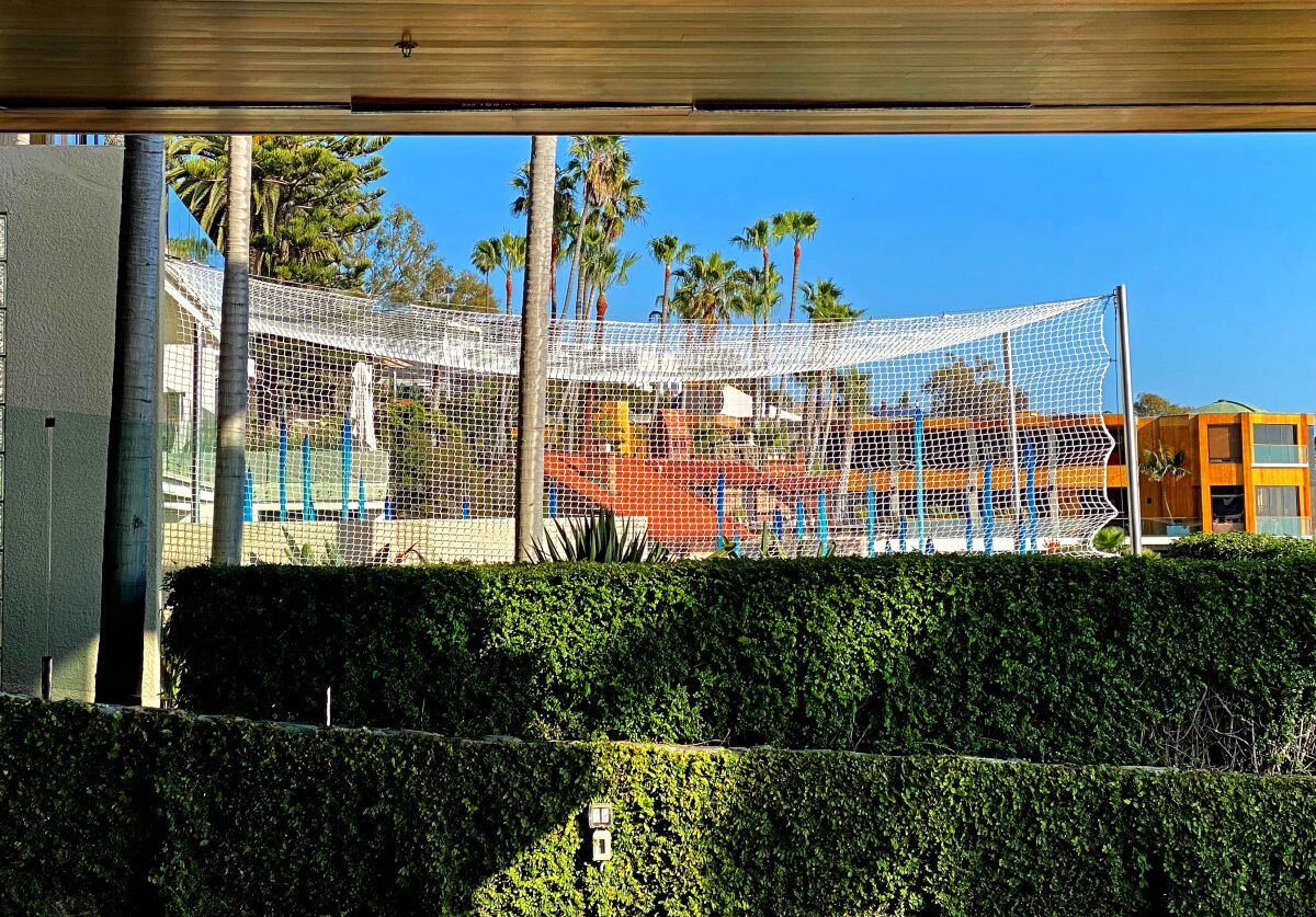 The netting over a million dollar sculpture on the property of Bill Gross and his partner as seen from his neighbor's home.