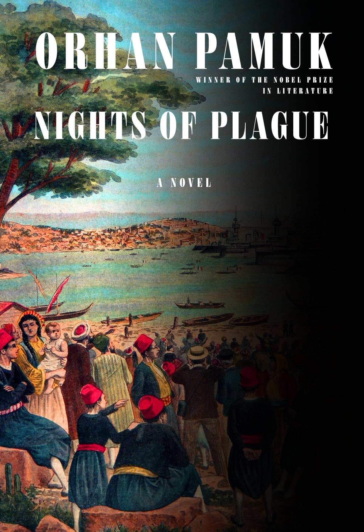 The cover of "Nights of Plague," with a black shadow partially obscuring a scene of people by the water.