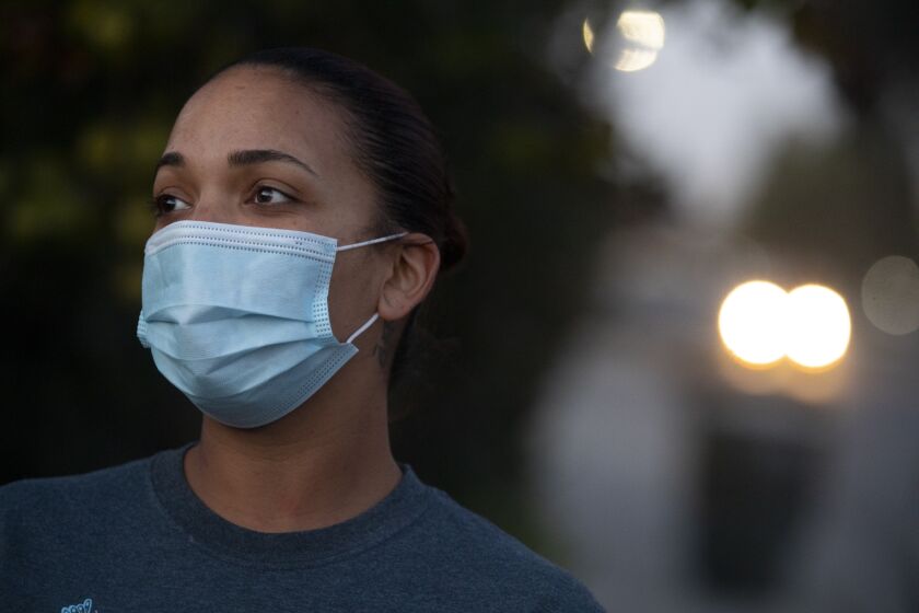 BAKERSFIELD, CA - DECEMBER 04: Portrait of Crystal Teal, LVN in Bakersfield on Friday, Dec. 4, 2020 in Bakersfield, CA. She is working inside a nursing home during the pandemic in Bakersfield. (Francine Orr / Los Angeles Times)