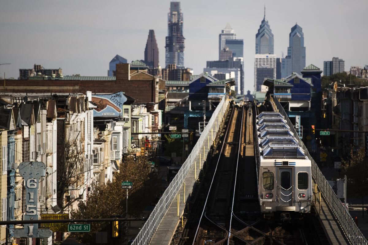 A train moves along the Market-Frankford Line in Philadelphia on Oct. 26.