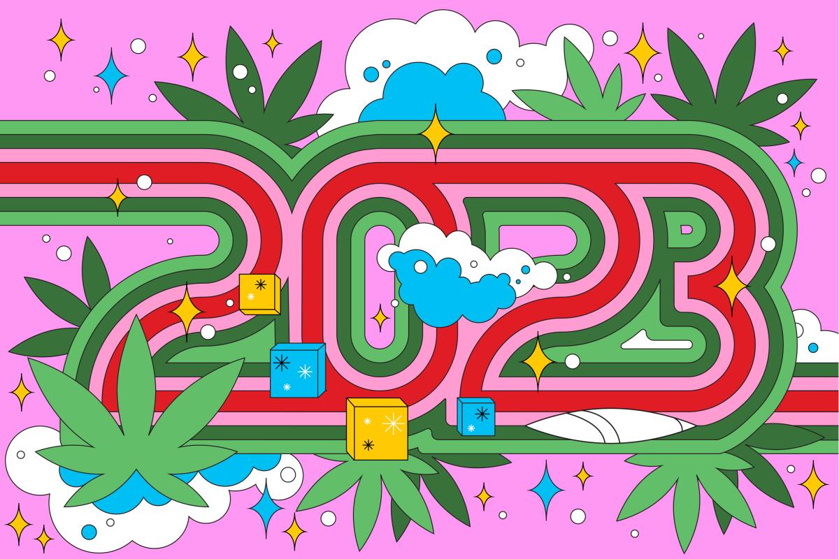 A psychedelic image of the number 2023 surrounded by cannabis leaves, edibles, a joint and drifting smoke. 