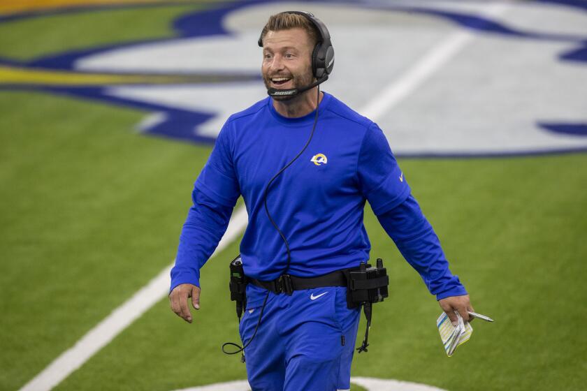 Rams coach Sean McVay gets ready for a team scrimmage at SoFi Stadium on Aug. 22, 2020.