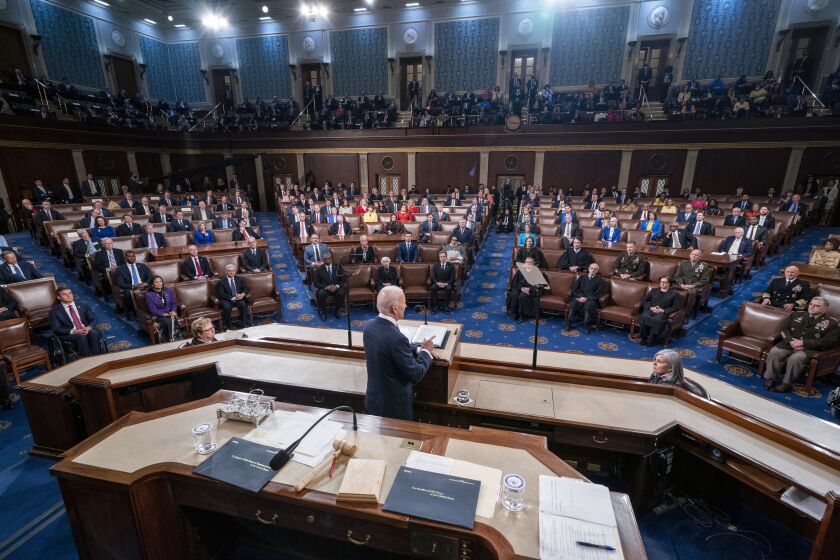 FILE - President Joe Biden delivers his first State of the Union address to a joint session of Congress at the Capitol, March 1, 2022, in Washington. When lawmakers gather for President Joe Biden's State of the Union address, the Republican side of the aisle will look slightly different than in years past. The House Republican majority has Black, Latino and female elected officials in their ranks. (Shawn Thew/Pool via AP, File)