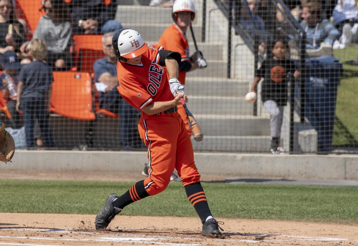 Huntington Beach High's Jake Vogel, pictured hitting a home run against Vista Murrieta on May 18, 2018, helped the Oilers beat Newport Harbor 7-1 in Thursday's Sunset Conference crossover game at JSerra High.