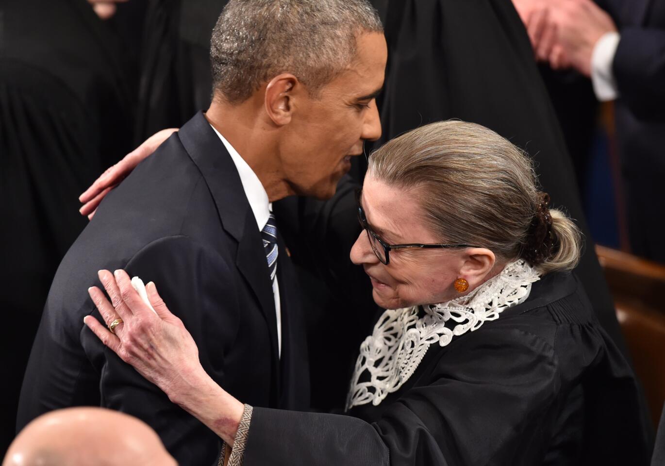 President Obama hugs Justice Ruth Bader Ginsburg