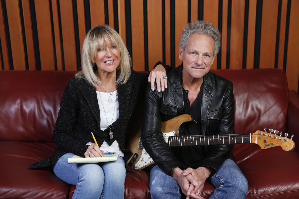 Christine McVie and Lindsey Buckingham between recording sessions at West L.A.'s Village Studios in December 2016. (Liz O. Baylen / Los Angeles Times)