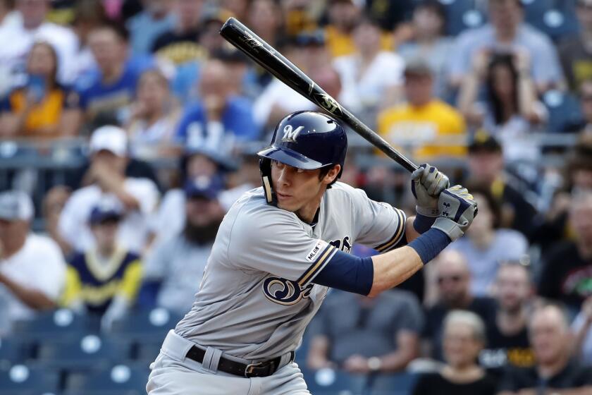Milwaukee Brewers' Christian Yelich bats during a baseball game against the Pittsburgh Pirates in Pittsburgh, Friday, May 31, 2019. (AP Photo/Gene J. Puskar)