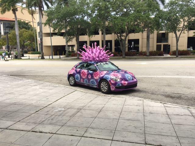 This Bug is true to its name. This Volkswagen Beetle, which is decorated with images of colorful cells and a possible virus on its roof, has been spotted in downtown Fort Lauderdale and Boca Raton.