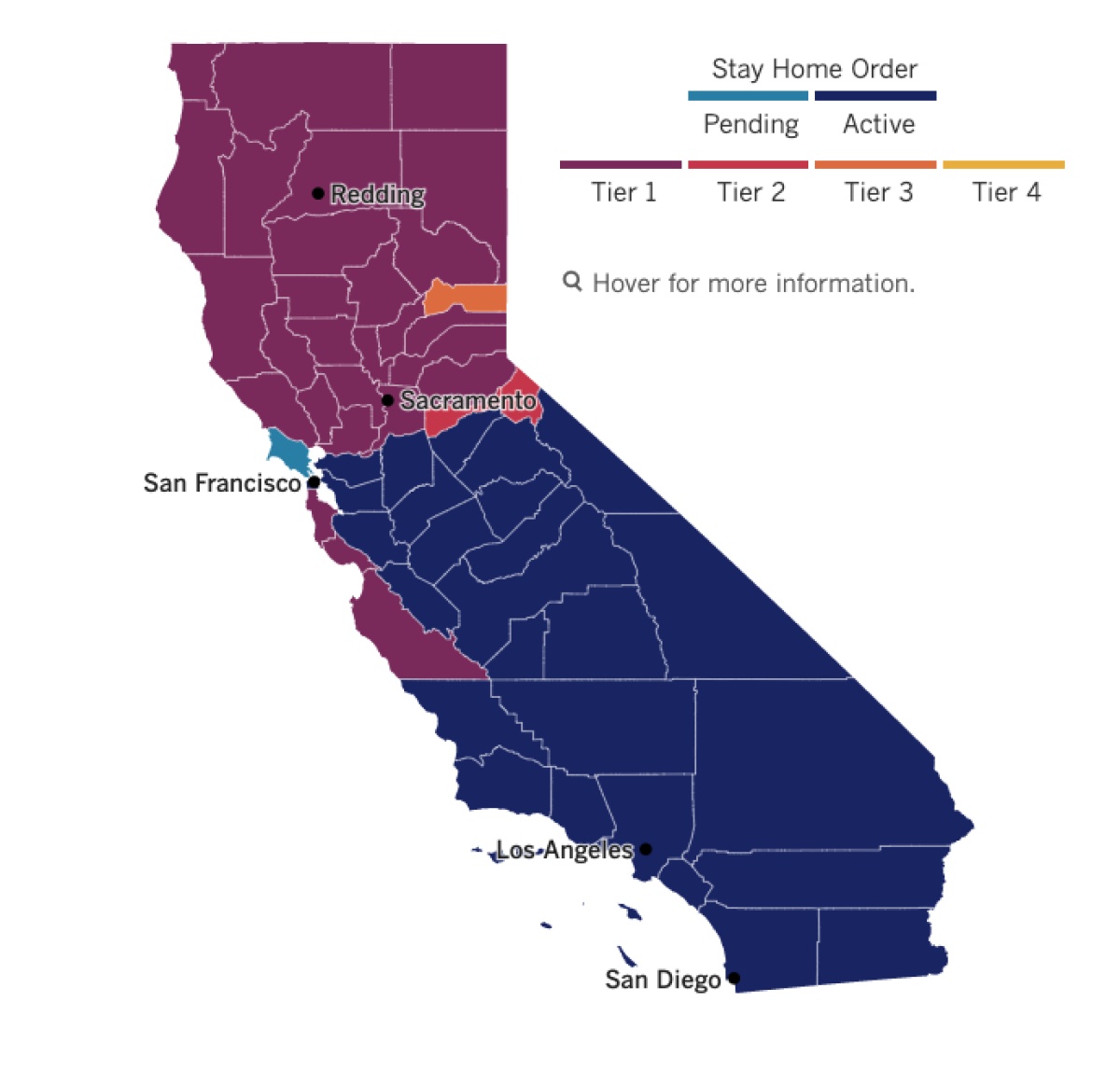 A map showing California counties' reopening status, with about half in the tiered system and half under stay-at-home order.