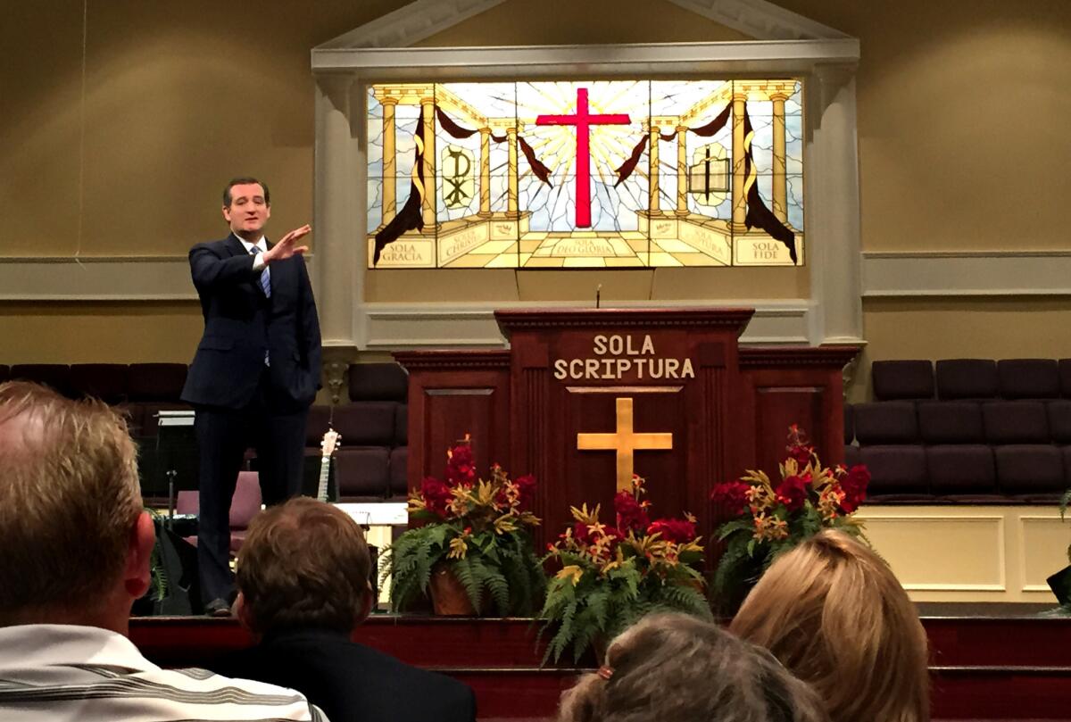 Sen. Ted Cruz shares his testimony and thoughts with the congregation at Community Bible Church in Beaufort, S.C., on Feb. 14.