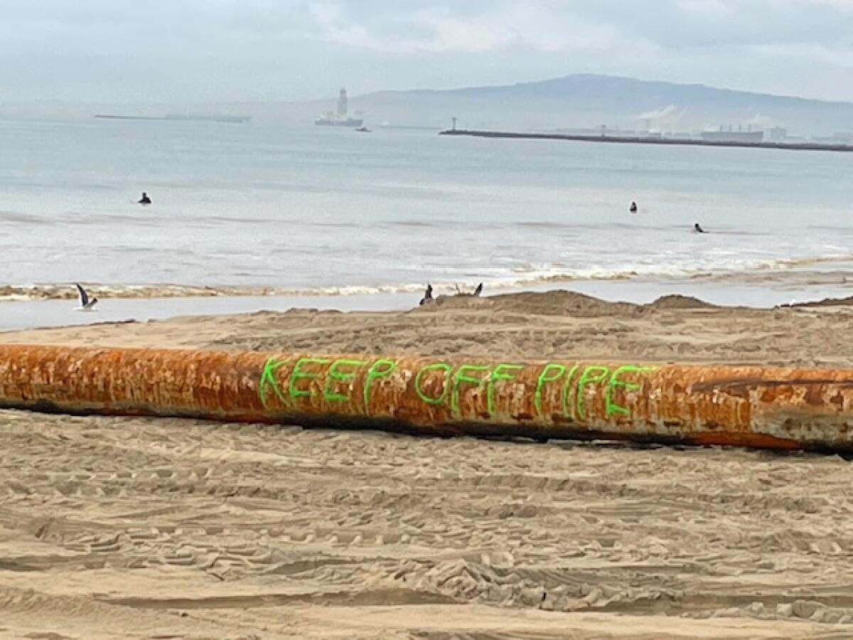 One of the pipes being used at Surfside to dredge an estimated 1.2 million cubic yards.