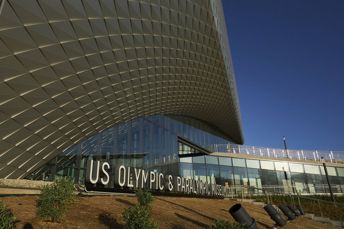 This July 17, 2020 photo provided by the U.S. Olympic & Paralympic Museum shows the U.S. Olympic Museum in Colorado Springs, Colo. The U.S. Olympic and Paralympic Museum announced Monday, July 20, 2020 that it will open July 30. The museum, located in downtown Colorado Springs, cost around $91 million and will feature 12 exhibits over 60,000 square feet. It will have a first-of-its-kind tribute to the 1980 Olympic team, which was forced to miss the Moscow Games because of a boycott. (Bill Baum/U.S. Olympic & Paralympic Museum via AP)