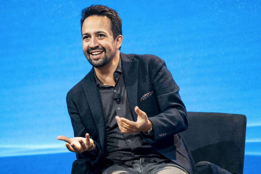 San Diego, CA - September 23: Lin Manuel Miranda, creator of Hamilton musical, speaks at the Laatitude conference about supporting small businesses in the community at the Manchester Grand Hyatt on Friday, Sept. 23, 2022 in San Diego, CA. (Meg McLaughlin / The San Diego Union-Tribune)