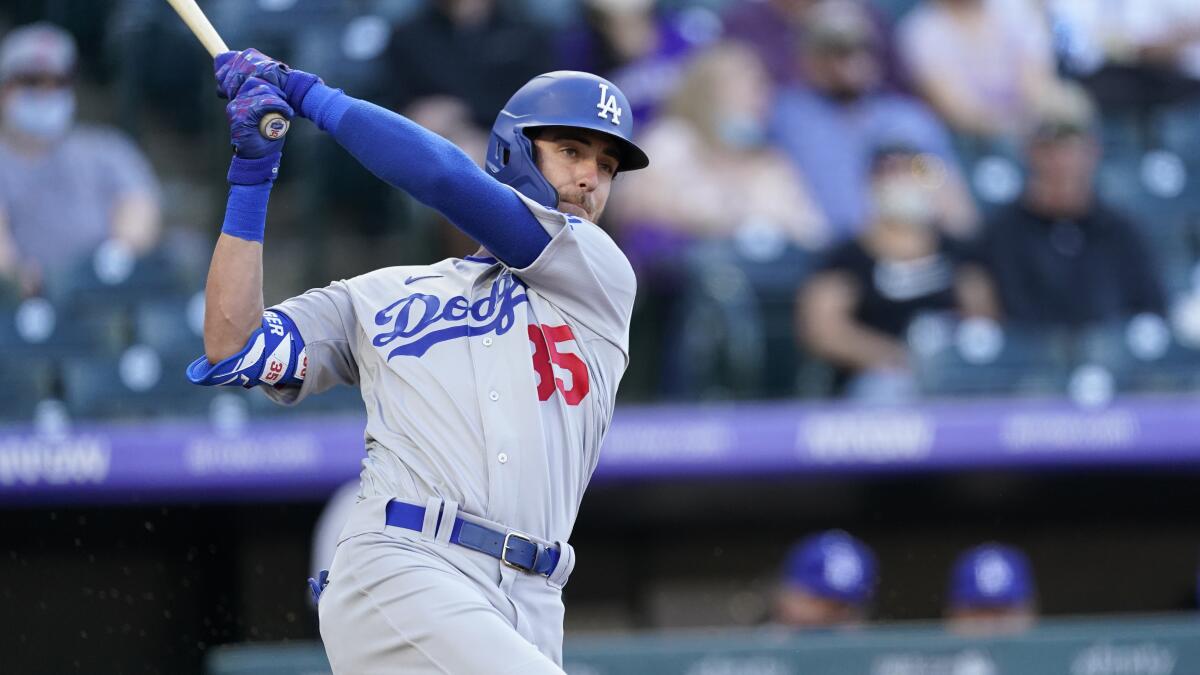 Dodgers center fielder Cody Bellinger bats against the Colorado Rockies on April 3.