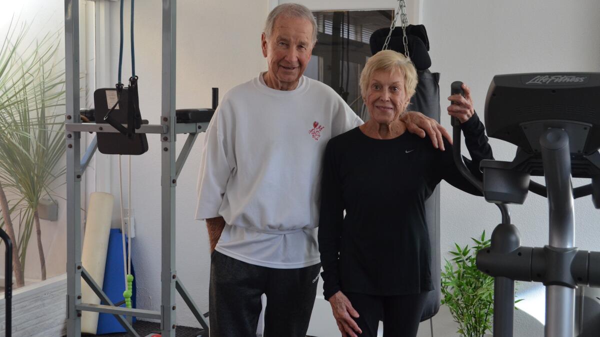 Harold and Eileen Graham, both in their 80s, have a gym at their home in Newport Beach, but both also regularly attend group fitness classes.