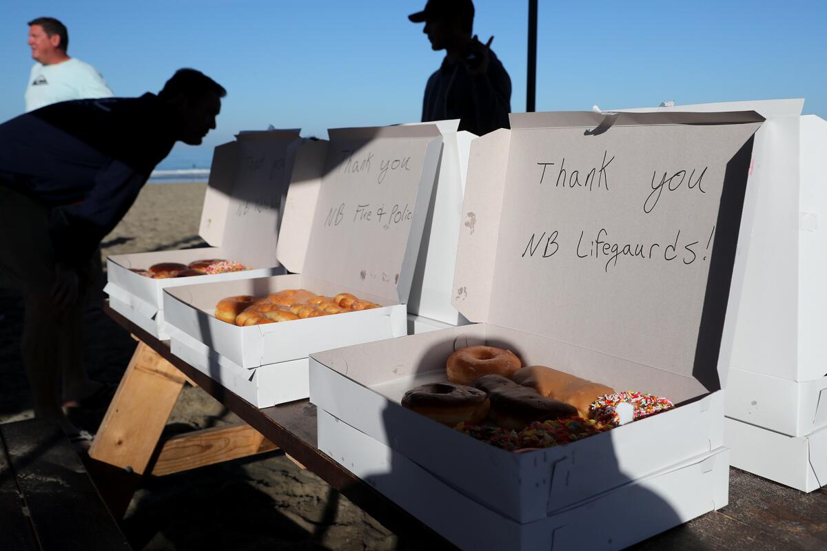 Messages left on doughnut boxes thanking first responders as free doughnuts were given out on Friday morning.