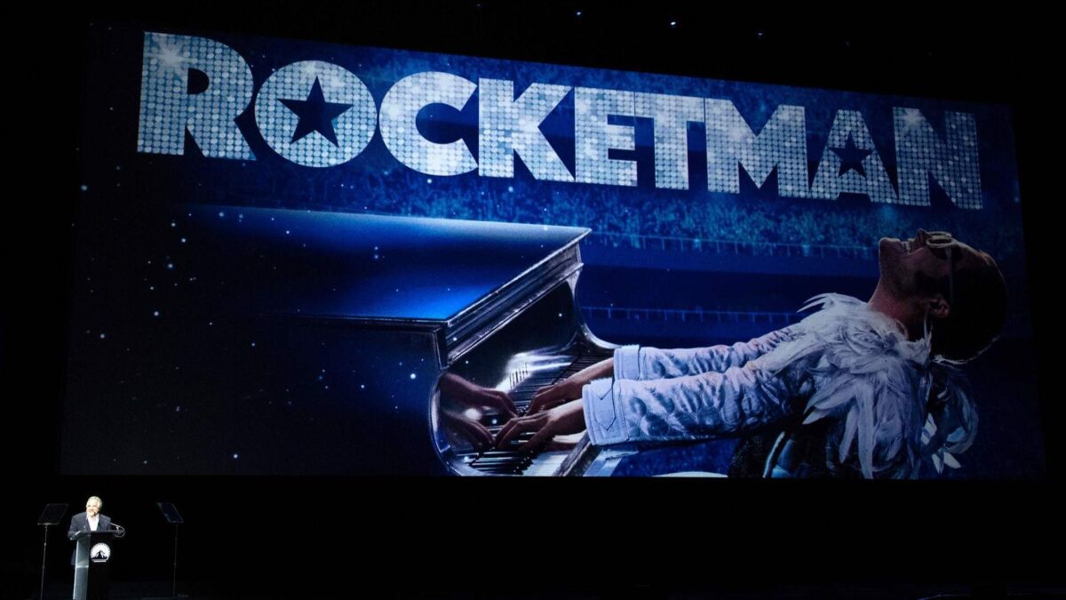 Paramount Pictures Chairman and Chief Executive Jim Gianopulos introduces the Elton John biopic “Rocketman” during CinemaCon in Las Vegas on Thursday.