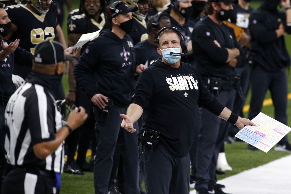 New Orleans Saints head coach Sean Payton reacts on the sideline in the first half of an NFL football game against the Los Angeles Chargers in New Orleans, Monday, Oct. 12, 2020. (AP Photo/Butch Dill)
