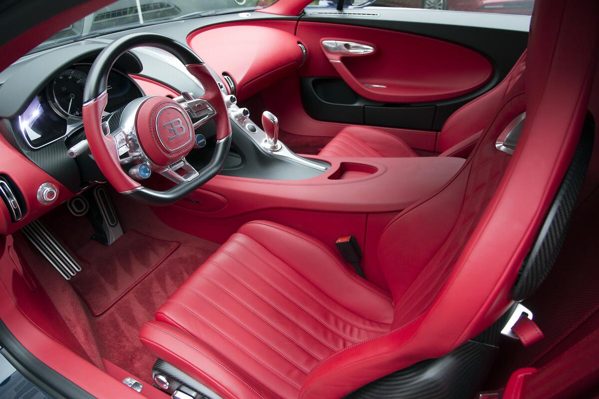 The interior of the Bugatti Chiron is available in 31 leather colors. Each hand-stitched interior requires 16 hides to complete. (Myung J. Chun / Los Angeles Times)