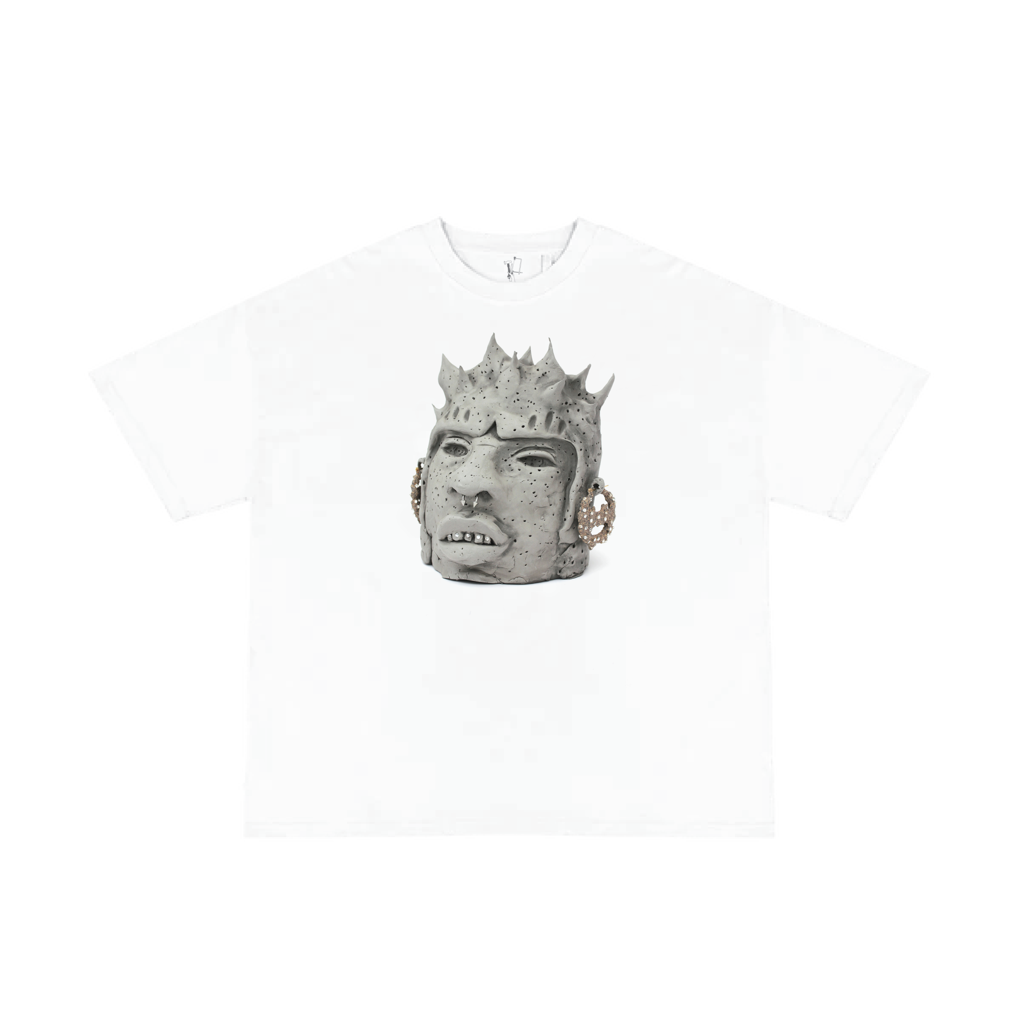 Corazó de Tierra white T-shirt with Olmec head sculpture.