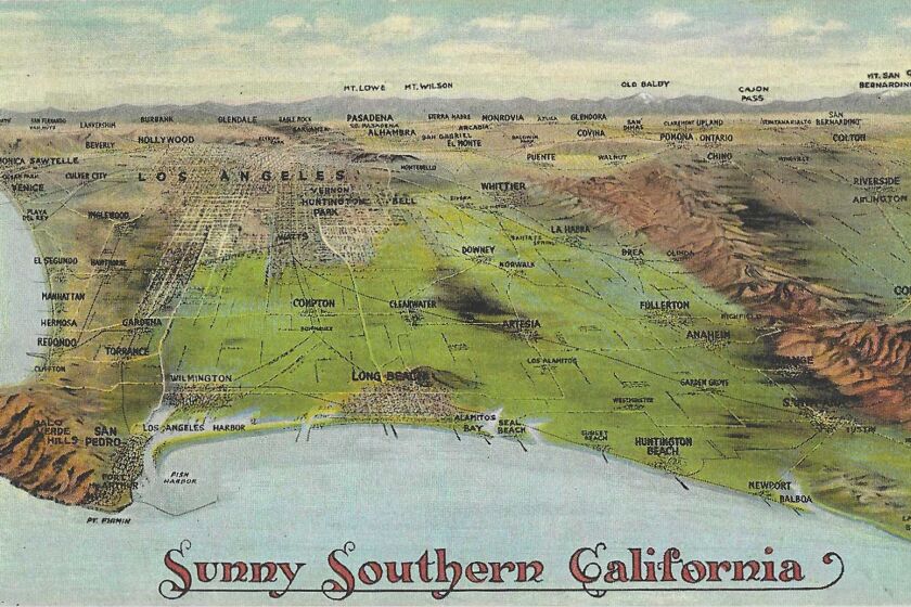 Vintage postcard shows a pre-sprawl Southern California landscape and reads "Sunny Southern California."
