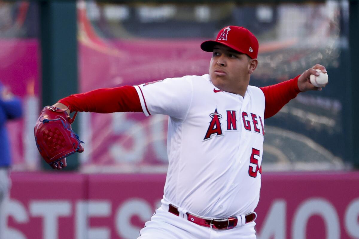 Angels pitcher José Suarez warms up before a game against the Texas Rangers.