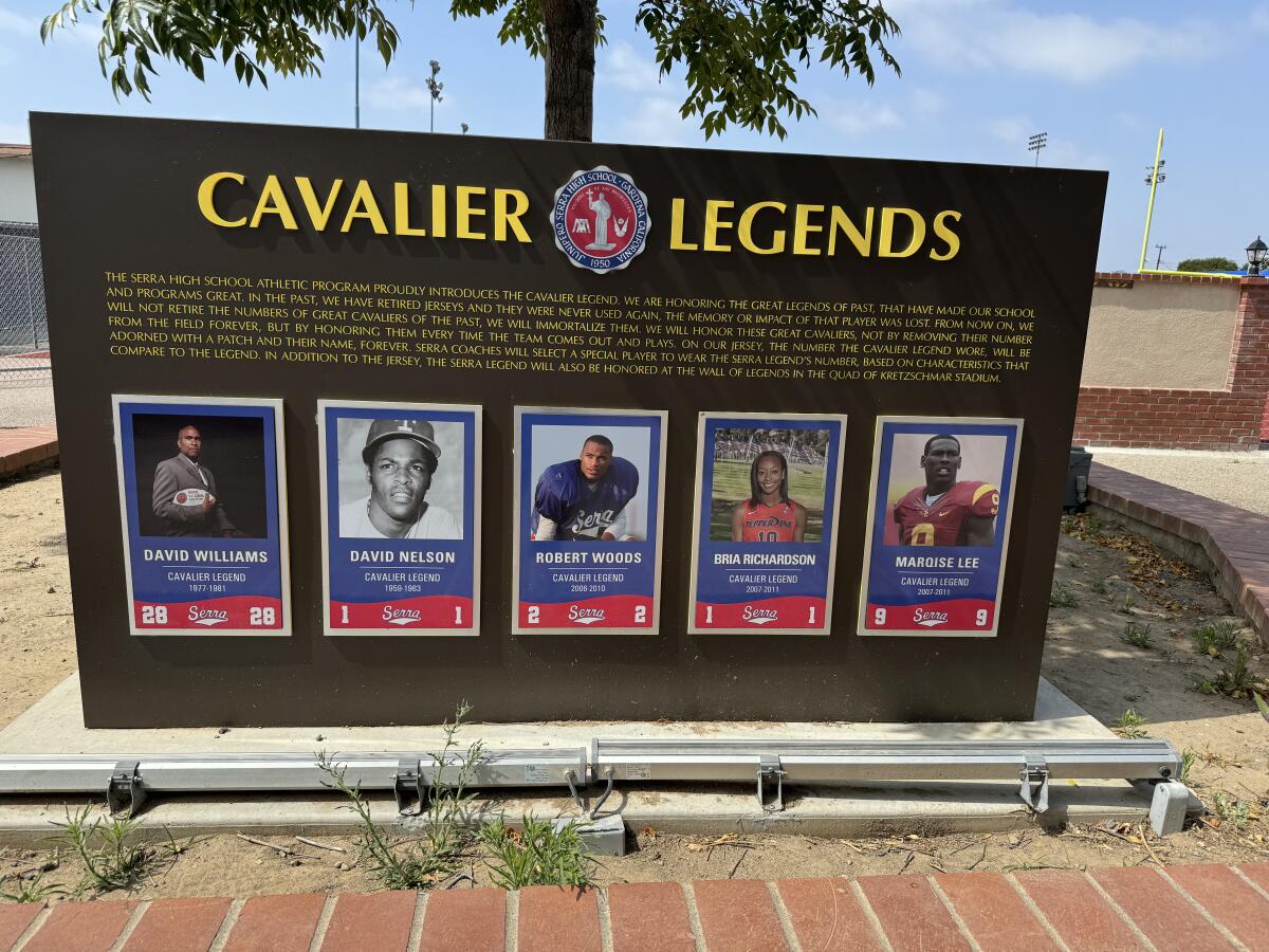 A tribute at Gardena Serra's football stadium to some great athletes of the past.